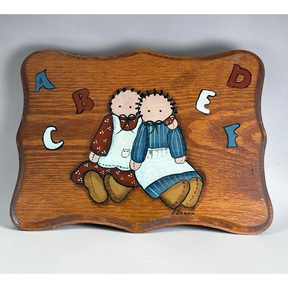 Vintage Wooden Wall Folk Art Kids Dolls ABC Hand Painted 9in Primitive Amish